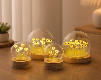 Handmade Sunflower Dome Night Light, Battery Powered Floral Lamp, Cozy Bedside Decor
