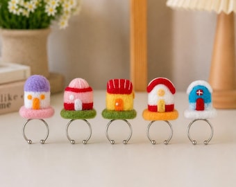 Handmade Felt House Ring – Miniature Village Style, Multi-Color Home Décor