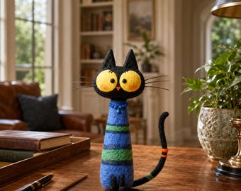 Handmade Felt Cat Figurine, Striped Wool Kitten Ornament, Whimsical Desk Decor