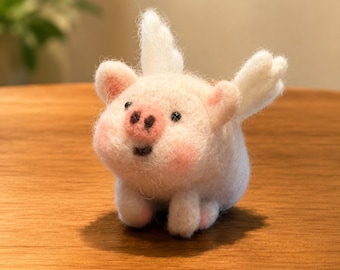 Handmade Felt Piglet, Wool Animal, Needle Felted Wings, Miniature Collectible Toy