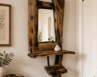 Rustic Live Edge Black Walnut Mirror with Shelves, Farmhouse Entryway Decor