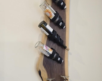 Live Edge Black Walnut Wine Rack | Wall Mounted Bottle Holder with Glass Storage