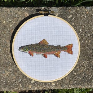 May include: A cross-stitch embroidery of a fish, displayed in a wooden hoop. The fish is rendered in shades of orange, green, and brown, with a detailed pixelated design. The background is white, and the hoop is approximately 15 cm in diameter.
