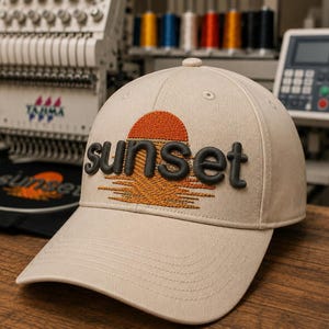 Puede incluir: Una gorra de béisbol beige con un gráfico de sol naranja bordado y la palabra sunset en letras negras en relieve. El diseño incluye costuras naranjas horizontales debajo del texto para representar un reflejo en el agua, con un botón en la parte superior.