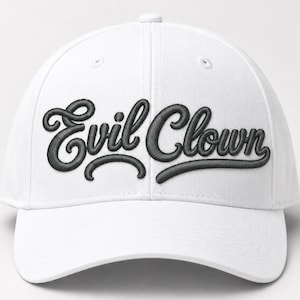 May include: A white baseball cap featuring the words Evil Clown embroidered in black thread across the front panels. The cap has a structured crown, a curved brim, and a button at the top centre, showcasing a clean and simple design.
