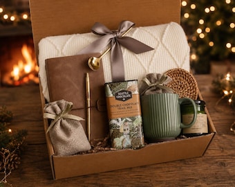 Warm Cozy Self-Care Gift Box, Luxury Relaxation Gift for Women, Hygge Spa Basket | Ceramic Mug and Soft Blanket