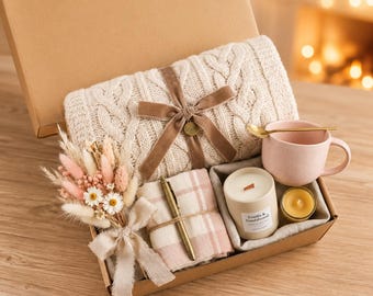 Luxury Floral Self-Care Gift Box, Cozy Relaxation Gift for Women, Elegant Spa Basket | Ceramic Mug and Soft Blanket