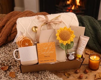 Sunny Comfort Spa Gift Basket, Handmade Self Care Box for Women, Cozy Wellness Care Package, Blanket Mug Candle Relaxation Set