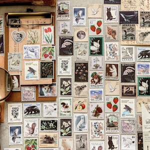 May include: A collection of vintage postage stamps featuring diverse illustrations of animals, including cats, birds, whales, and rabbits, alongside botanical prints of flowers and fruits, arranged on a wooden clipboard and a flat surface.