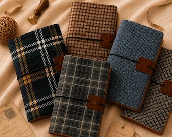 Vintage  Fabric Travelers Notebook Cover With Inserts Tweed Plaid Refillable Stationery For Writing And Planning