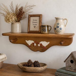 Vintage 1980s Kissing Geese Shelf | Hand-Painted Pine Wood Farmhouse Decor