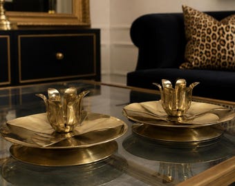 Vintage Mid-Century Brass Tulip Flower Candlestick Holders (Pair)