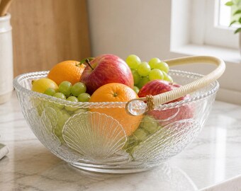 Vintage Frosted Glass Seashell Centerpiece Basket with Rattan Handle | Coastal Beach Decor