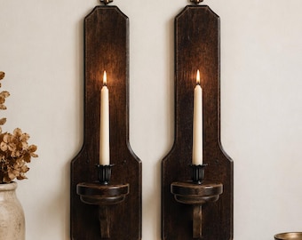 Vintage Holz Wandleuchter Paar | Mid Century Kolonialstil Kerzenständer | Rustikale Bauernhaus-Wand-Dekor