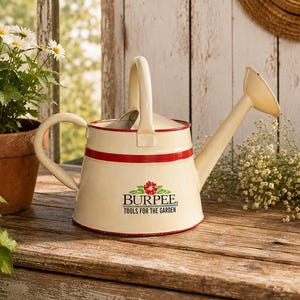 Vintage Burpee Metal Watering Can Red Cream Farmhouse Cottage Core Garden Decor