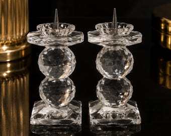 Paire de bougeoirs en cristal Swarovski | Épingle à facettes sphérique double style Autriche