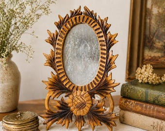 Vintage Hand Carved Wood Sunflower Mirror | Folk Art Botanical Vanity Decor