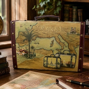 May include: A vintage suitcase with a map design and the word "TRAVEL" printed on the front. The suitcase has a brown handle and burgundy trim. Two smaller suitcases are also depicted. A globe and books are in the background, creating a travel theme.