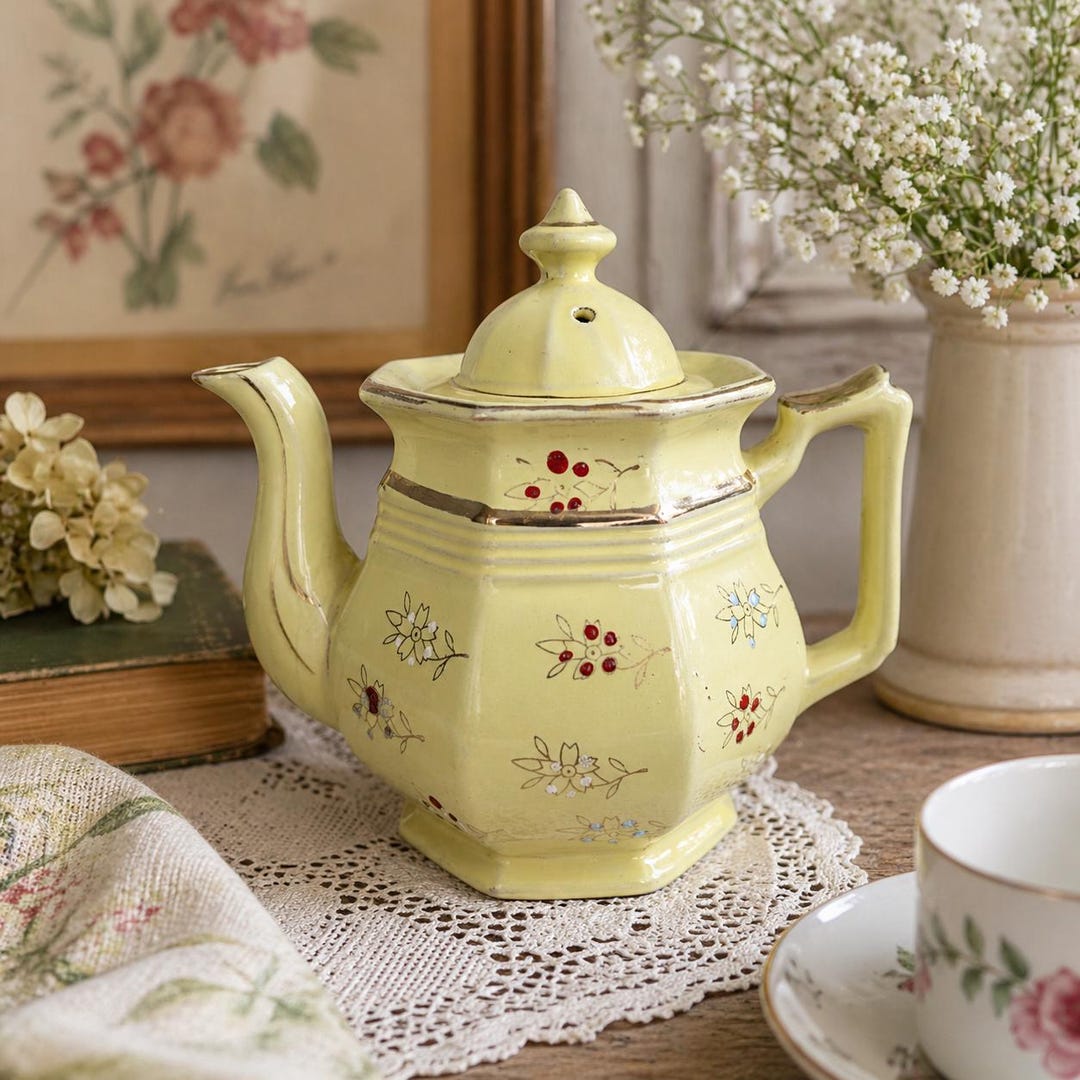 Chatrue Tea Vintage Hexagonal Floral Teapot | Pale Chartreuse Celadon Ceramic Tea ...