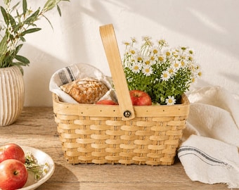 Vintage Handwoven Maple Basket | Bentwood Handle Farmhouse Utility Basket