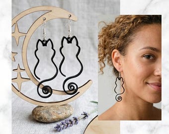 Minimalist Cat Outline Drop Earrings, Kitten Dangles, Black Jewelry (15x37mm)