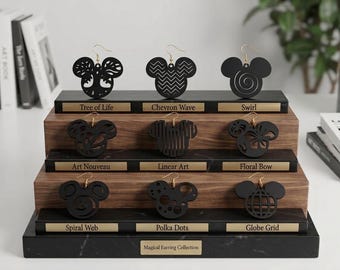 3D Printed Mouse Head Earrings – Tree of Life, Maze, Spiral Designs – Black Sparkly Dangles