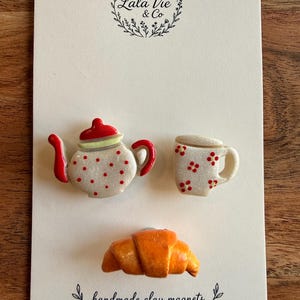 Handmade Polymer Clay Tea Time Magnet Set – Teapot, Teacup, Croissant (Cottagecore Kitchen Decor)