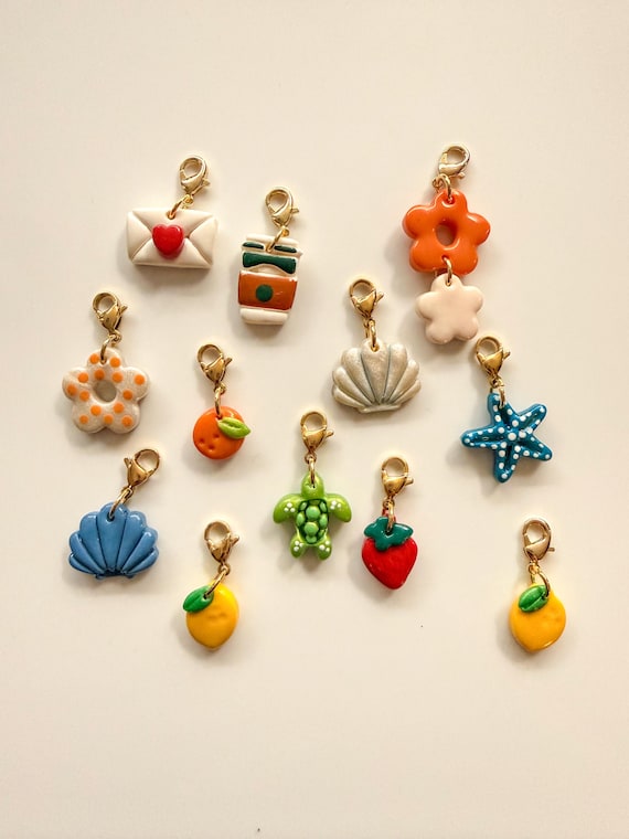Handmade Polymer Clay Charms, Strawberry Lemon Seashell Starfish Flower, Bag Charms Keychain Accessories