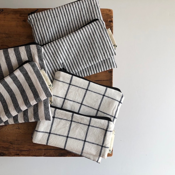 Black Stripes and Plaids, Reusable Sandwich Bag, Reusable Snack bags, Linen Cotton, Lunch Bag, Eco-Friendly Gift, Washable, Back to School