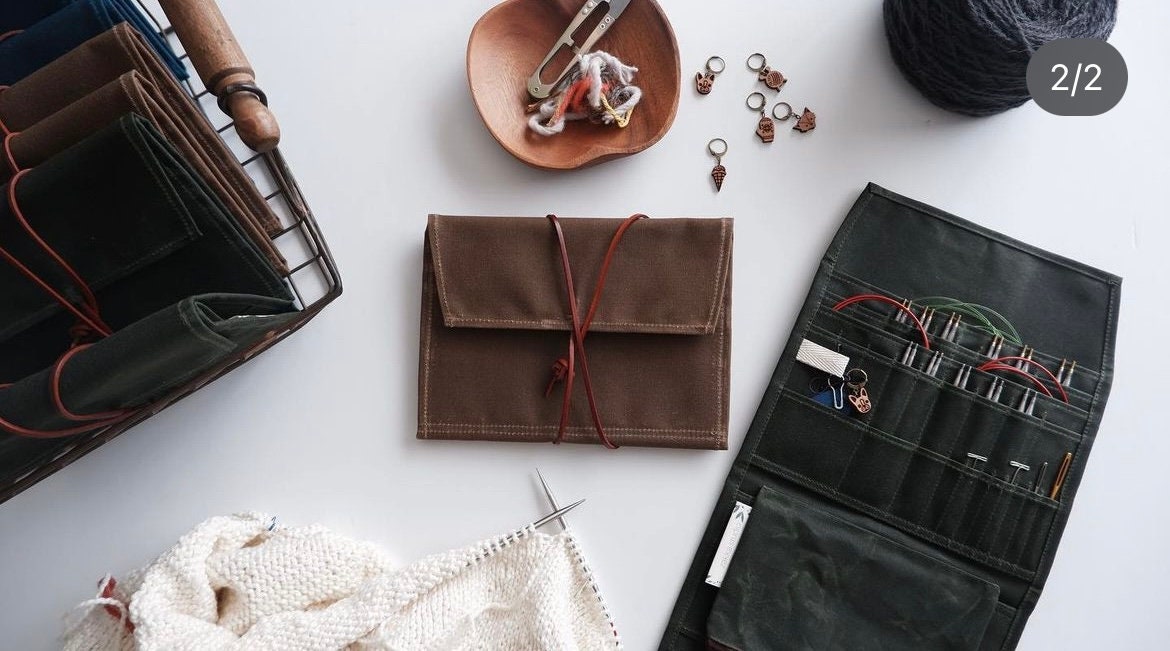 MORI:Waxed Canvas Large Knitting Needle Case, Needle Organizer, Interchangeable knitting Needle Storage, Circular Needle holder