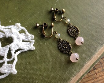 Pink Clip on Earrings with Metal Charm, Screw back Clip earrings, antique brass clip on, Cute Pink Ear Clips, Girls Earrings