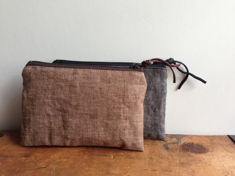 Gray and Brown Linen Coin Purse Small Zipper Pouch Mens - Etsy