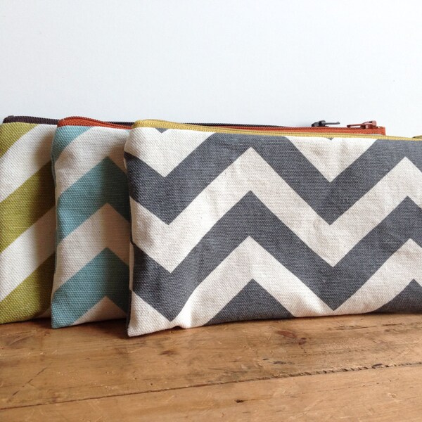 Gray Chevron Pencil Pouch, Pencil Case, Back to School, Cosmetic Bag, Travel Organizer, Teacher's Gift, Makeup Pouch, Zig Zag Stripes