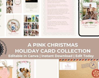 May include: A collection of customizable holiday card templates featuring pink accents, floral wreaths, and photo placeholders. The designs include text reading 2026, Happy Holidays, and The Thompsons, displayed on cards, a gift bag, and a mailing envelope.