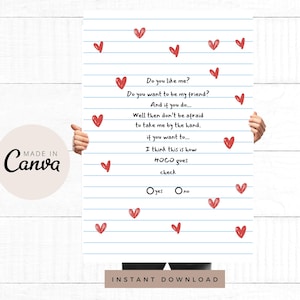 May include: A rectangular sign featuring a white background with blue horizontal lines resembling notebook paper. Red hand-drawn hearts are scattered across the page. The text reads: Do you like me? Do you want to be my friend? And if you do... Well then don't be afraid to take me by the hand, if you want to... I think this is how HOCO goes check O yes O no.