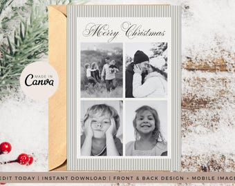 May include: A rectangular holiday greeting card featuring the text Merry Christmas in a script font at the top. The card includes a four-panel photo collage layout with black and white images, framed by a thin black and white vertical striped border.