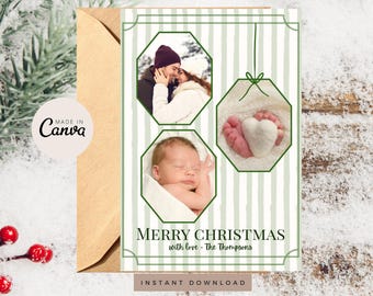 May include: A rectangular Christmas greeting card featuring a light green and white striped background with three hexagonal photo frames. The card displays the text MERRY CHRISTMAS with love - The Thompsons and includes a brown envelope.
