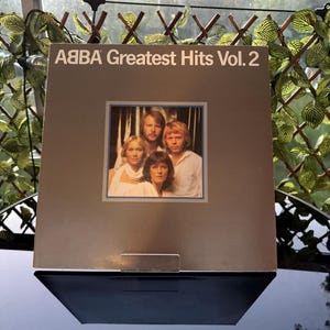 Puede incluir: Una funda de disco de vinilo cuadrada para ABBA Greatest Hits Vol. 2. La portada es de color gris sólido con texto blanco en la parte superior que dice ABBA Greatest Hits Vol. 2. Una fotografía cuadrada central muestra a cuatro personas de blanco.