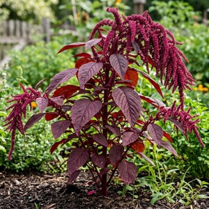 May include: A vibrant Amaranthus plant with deep burgundy leaves and cascading, tassel-like flowers. The plant is set against a backdrop of green foliage and a wooden fence, showcasing its rich color and texture in a garden setting.