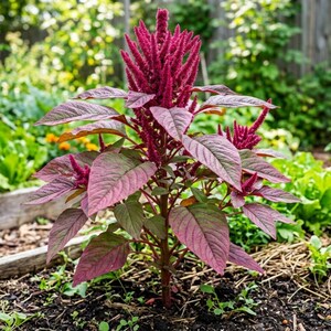 May include: A vibrant Amaranthus plant with deep burgundy flower spikes and leaves. The plant is in a garden setting, surrounded by other greenery and soil. The plant's leaves have a reddish-purple hue.