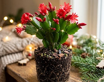 May include: A Schlumbergera cactus with vibrant red flowers and numerous unopened buds. The plant features segmented green stems and is potted in a dark, nutrient-rich soil mixture where the root system is clearly visible and exposed.