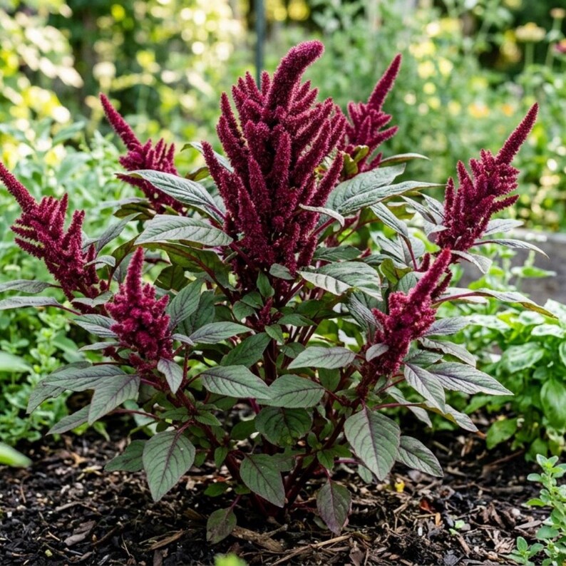May include: A close-up of an Amaranthus plant with deep burgundy flower spikes and green and burgundy leaves. The plant is in a garden setting with a blurred background of green foliage and dark soil.