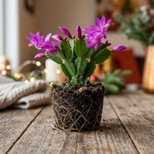 May include: A Schlumbergera cactus with vibrant magenta flowers and green segmented stems. The plant is shown with its root ball exposed, revealing a dense network of light-colored roots encased in dark potting soil, standing upright.