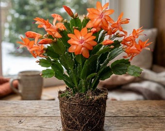 May include: A Schlumbergera cactus with vibrant orange flowers and green segmented stems. The plant is shown with its root ball exposed, displaying a dense network of brown roots, and is positioned upright on a wooden surface.