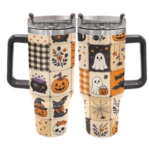 Halloween Ghost 40oz Tumbler, Spooky Black Cat Stainless Steel Mug, Pumpkin Patchwork Insulated Cup, Cute Fall Tumbler Gift