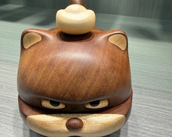 Solid Wood Grumpy Cat Storage Jar, Hand Carved Desk Decor Box