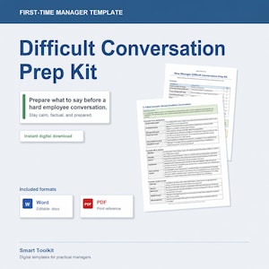 Plantilla para conversaciones difíciles con gerentes, guion para retroalimentación sobre el desempeño, kit de preparación para nuevos gerentes en formato Word editable.