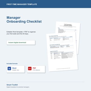 May include: A digital template titled "Manager Onboarding Checklist" with the text "Editable Word template + PDF to organize your first week and first 30 days." Includes Word and PDF formats. A sample checklist is also shown.