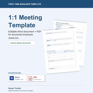 Op de afbeelding: Een digitale sjabloon voor 1:1-gesprekken. De sjabloon bevat een bewerkbaar Word-document en PDF voor gestructureerde check-ins van medewerkers. Het ontwerp heeft een blauw-witte kleurstelling met de tekst "1:1 Meeting Template".