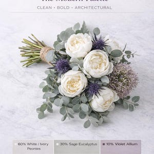 Puede incluir: Un ramo de flores DIY con peonías blancas, allium violeta y eucalipto salvia. El ramo está atado con hilo y contiene el texto "DIY Color Theory Bouquet" y "The Modern Palette".
